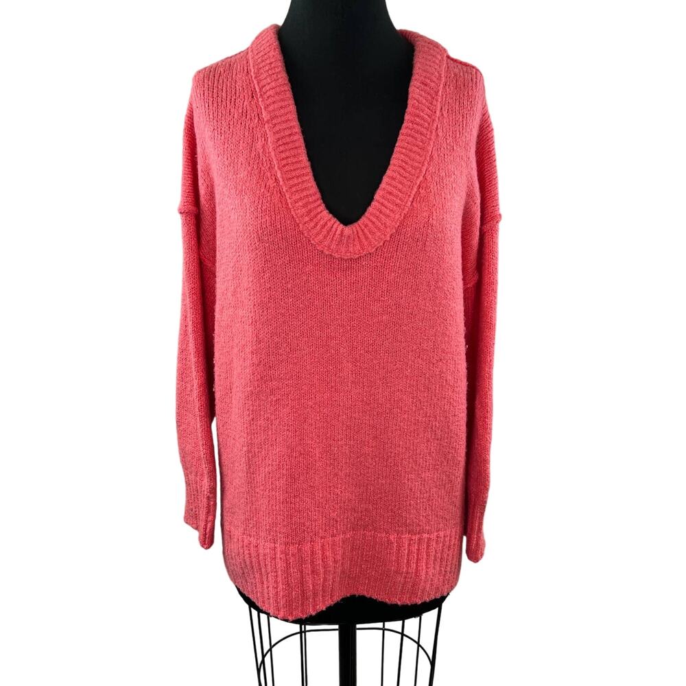 FREE PEOPLE Pink Brookside Tunic V-Neck Relaxed Slouchy Knit Pullover Sweater S